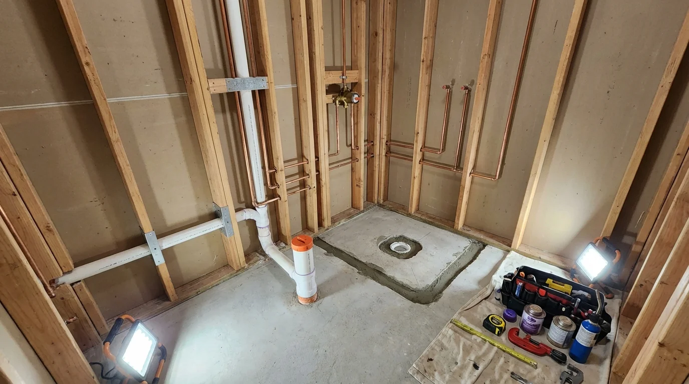 Bathroom rough-in plumbing during remodel by Johns Plumbing LLC in Connersville