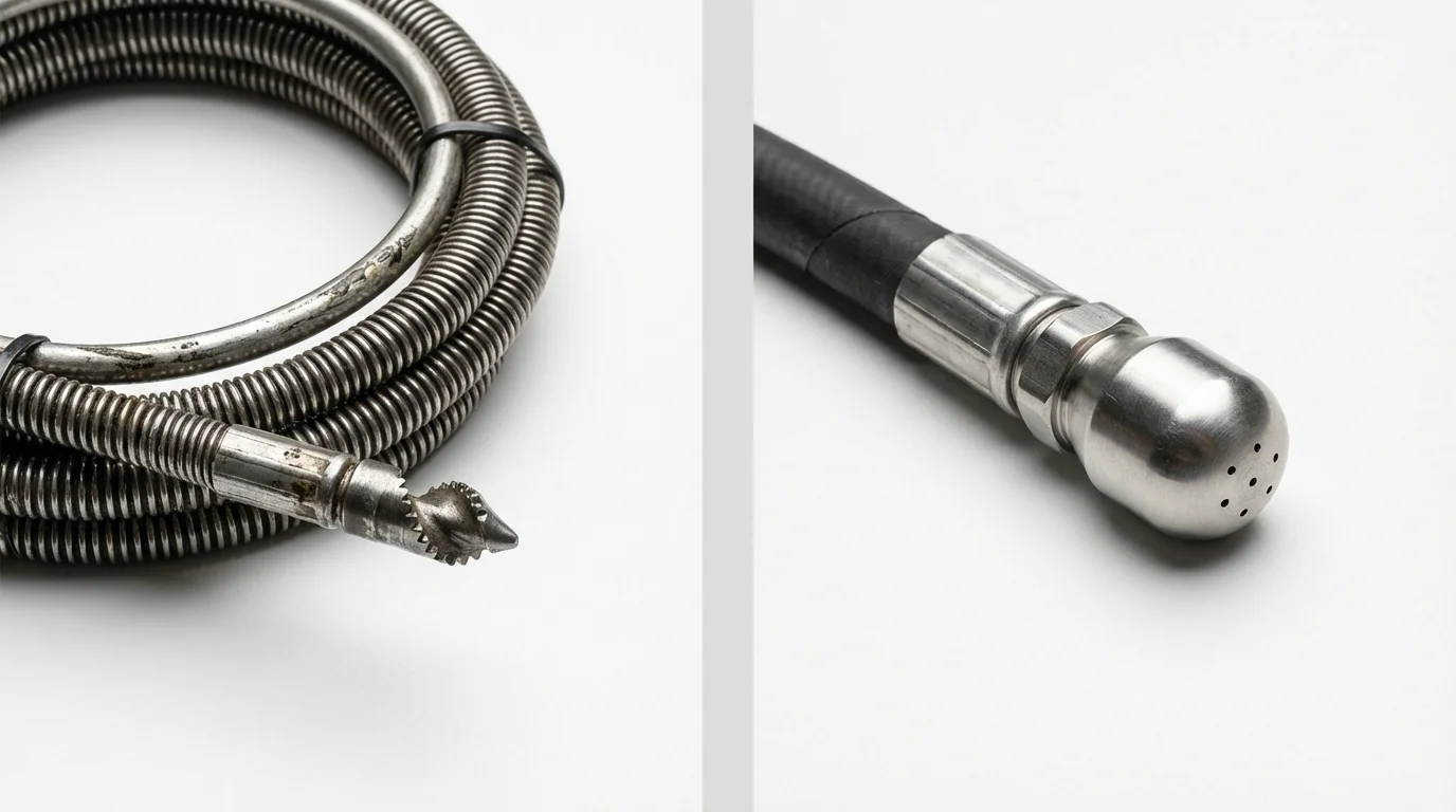 Drain snake cable and hydro jetting nozzle used for drain cleaning in Connersville, IN