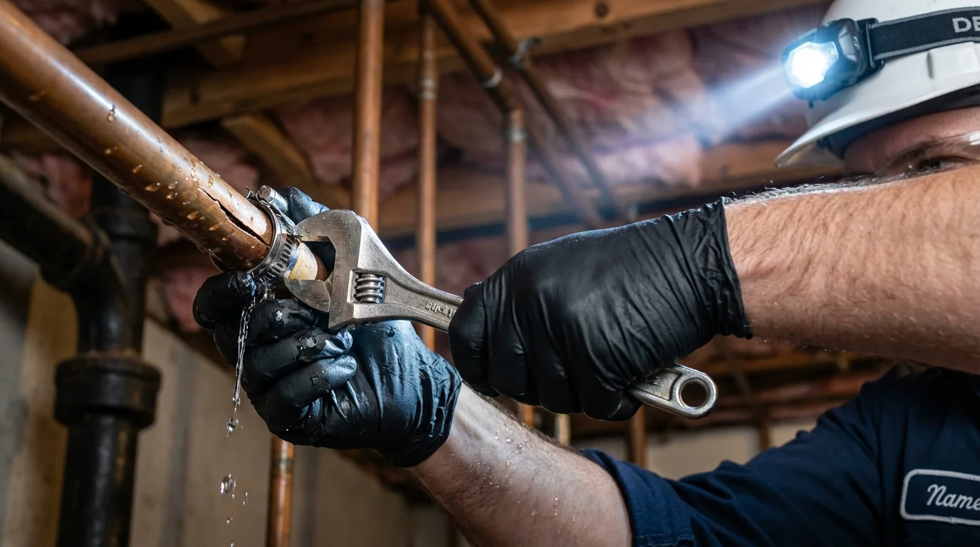 Emergency pipe clamp repair being performed by a Johns Plumbing LLC plumber in Connersville