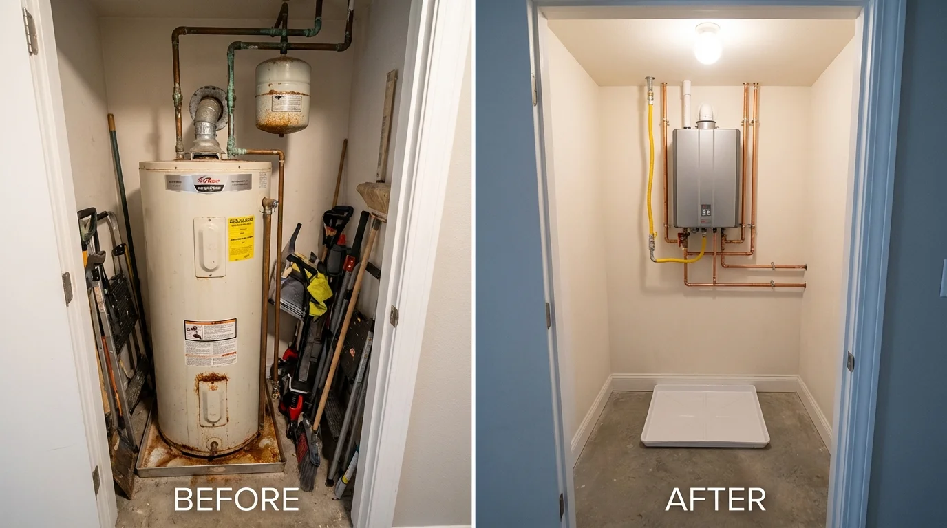 Tank water heater versus wall-mounted tankless unit comparison for Connersville, IN homeowners