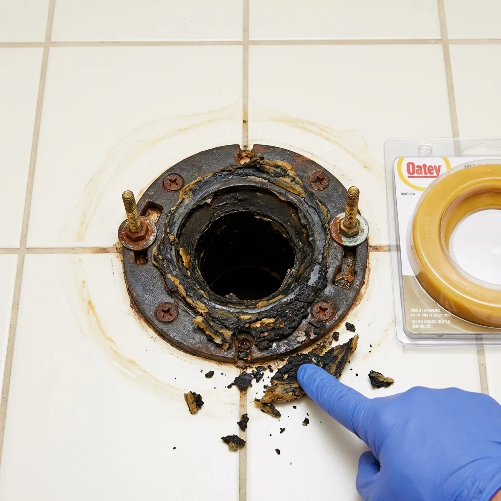 Failed wax ring showing water seepage at the base of a toilet in a Connersville, IN home