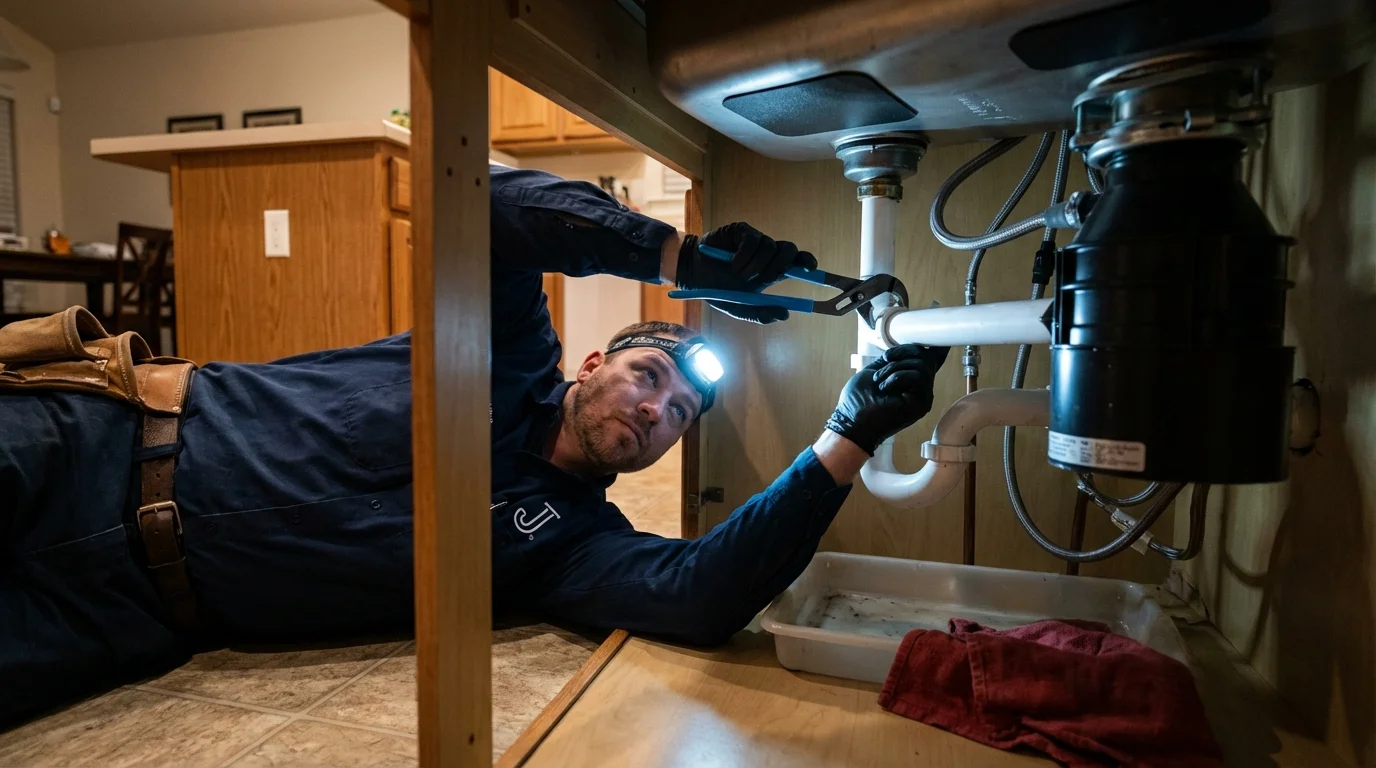 P-trap and supply line connections under a kitchen sink showing a common leak point in Connersville, IN